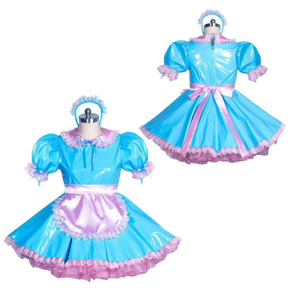 Blue PVC sissy maid dress with pink lace trim, apron, and headband, featuring puffed sleeves and a flared skirt.