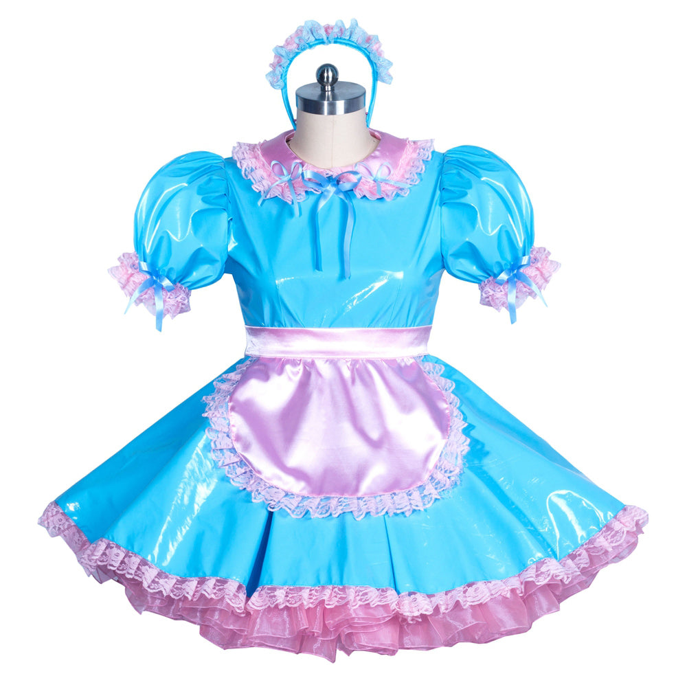 Blue and pink sissy maid dress with ruffles, satin apron, and matching headband on mannequin