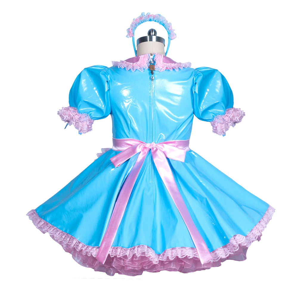 Blue PVC sissy maid dress with pink lace trim and bow, featuring puffed sleeves and headband