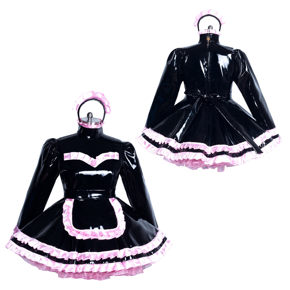 Black PVC sissy maid dress with pink ruffles, front and back view on mannequin