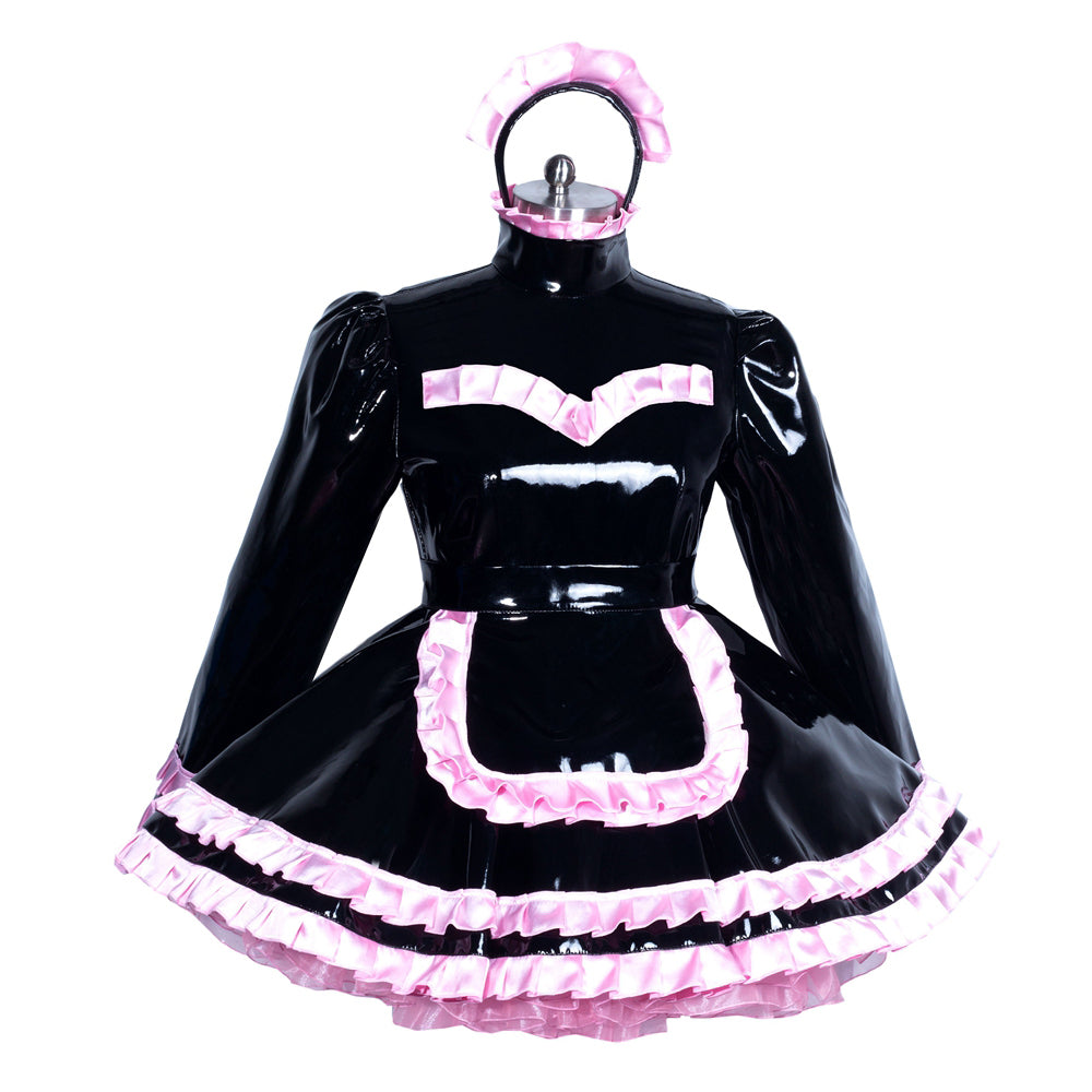 Black PVC sissy maid dress with pink ruffles and matching headband, elegant costume set