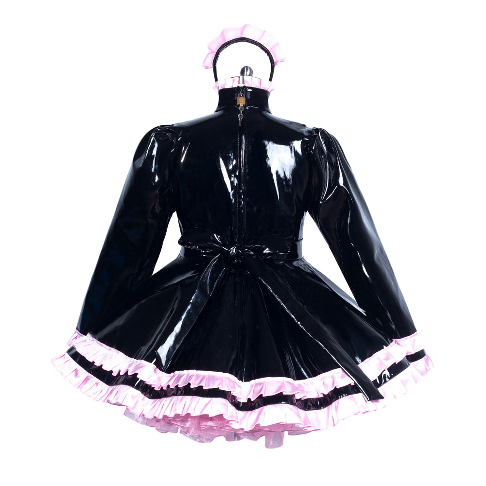Black PVC sissy maid dress with pink ruffles and back zipper, shown on mannequin