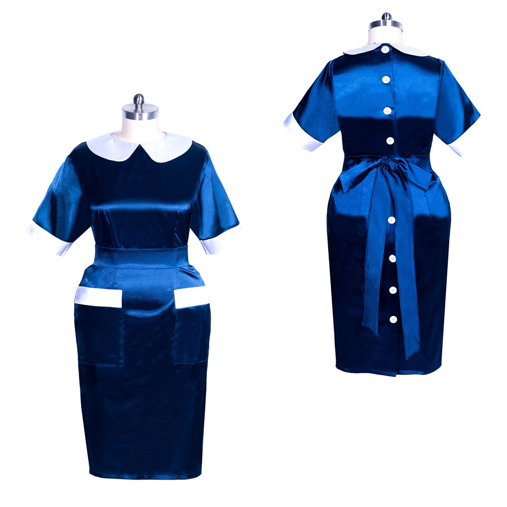 Blue satin sissy maid dress with white collar, buttons, and apron pockets, shown front and back
