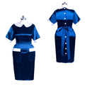 Blue satin sissy maid dress with white collar, buttons, and apron pockets, shown front and back