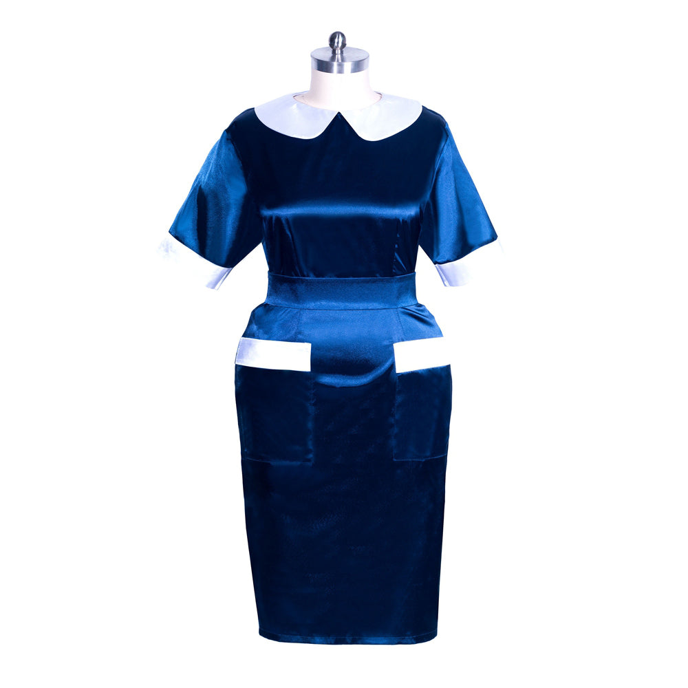 Blue sissy maid dress with white collar and apron pockets on mannequin