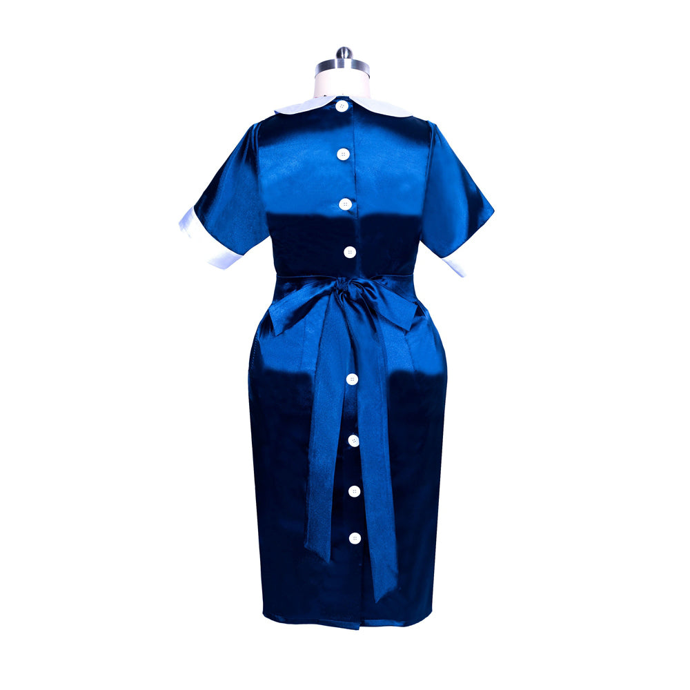 Blue satin sissy maid dress with white collar, buttons, and waist bow on mannequin