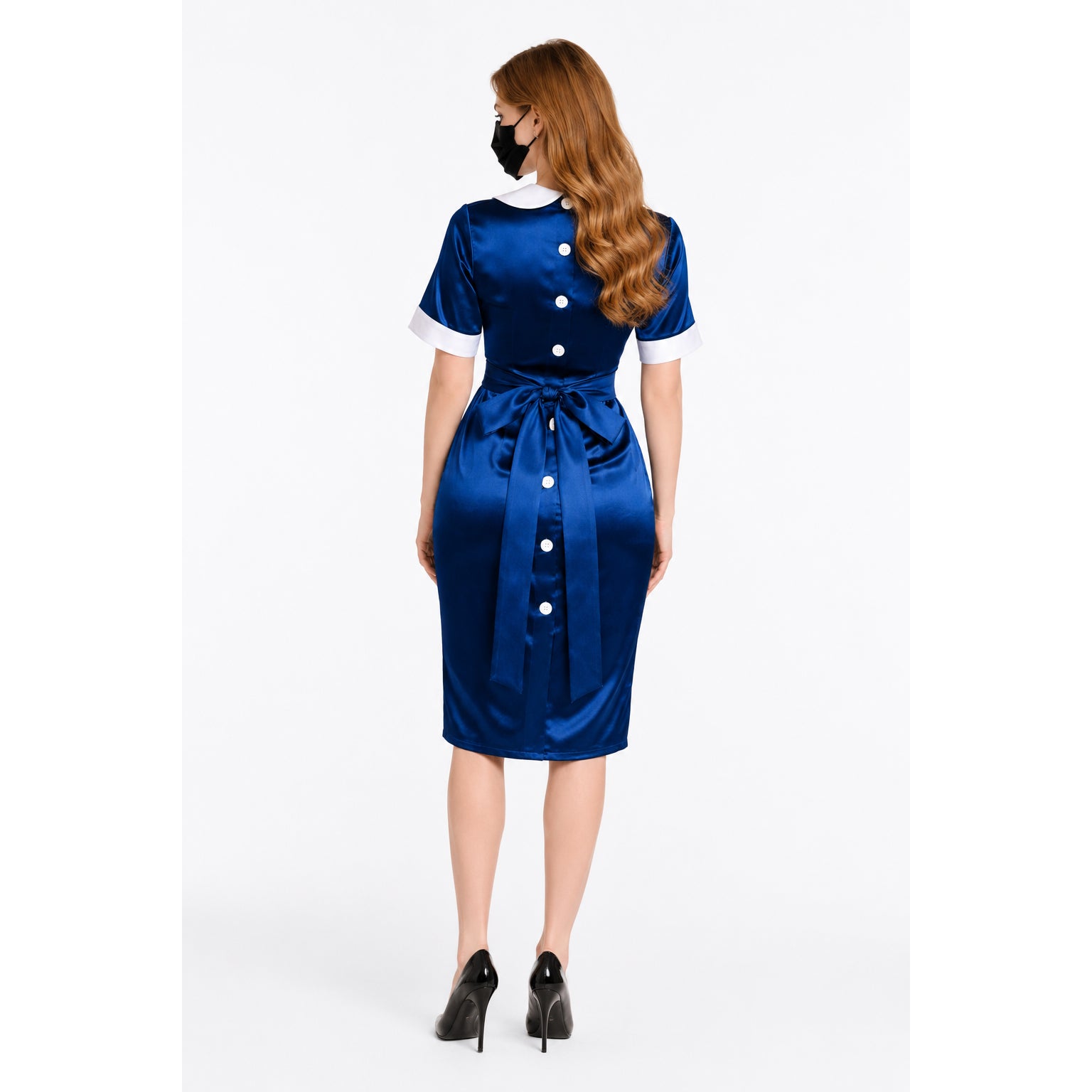Blue satin sissy maid dress with white collar, buttons, and waist bow, shown from back