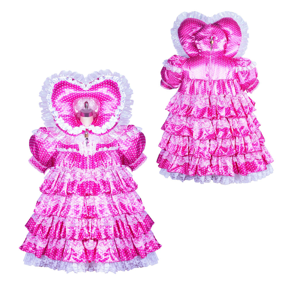 Pink polka dot sissy maid dress with heart hood, ruffles, and lace trim
