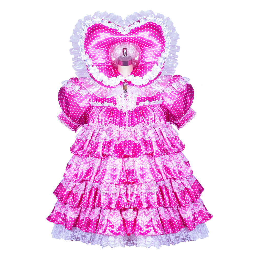 Pink polka dot sissy maid dress with heart hood and ruffles
