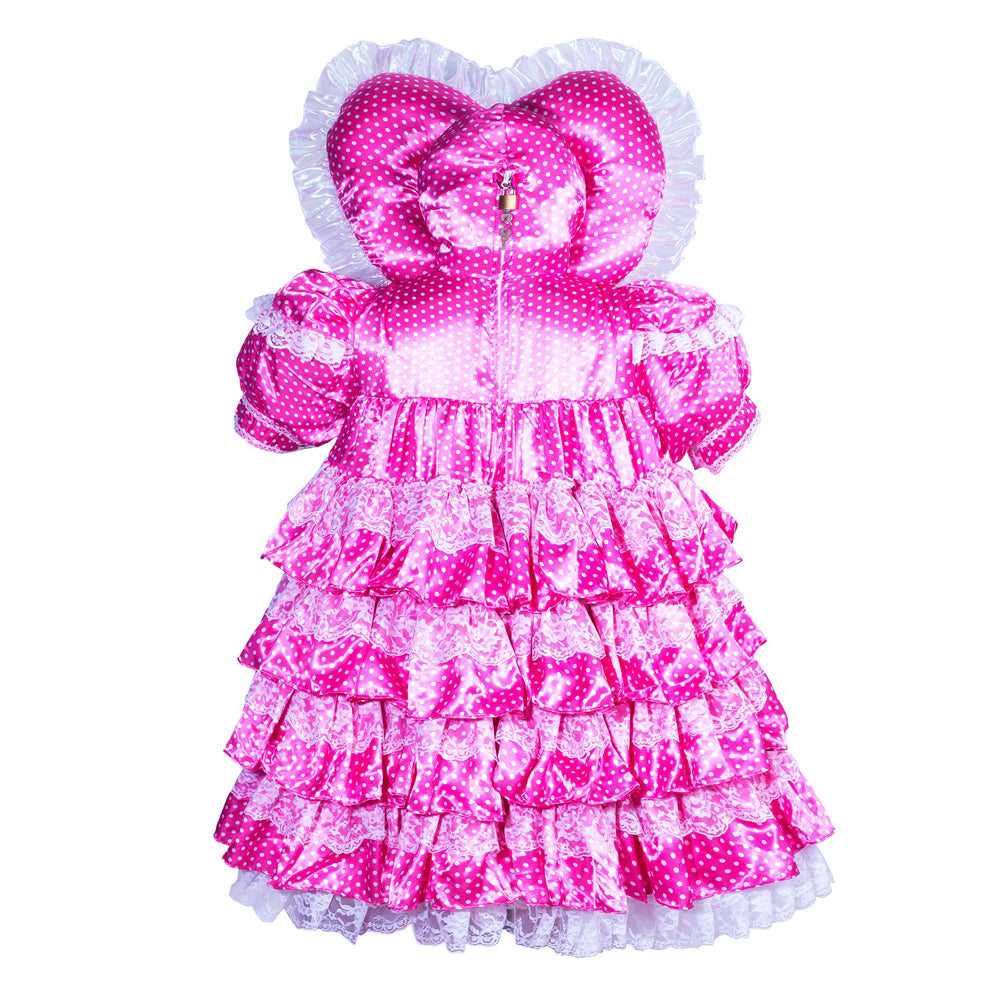Pink polka dot sissy maid dress with ruffles, lace trim, and back zipper
