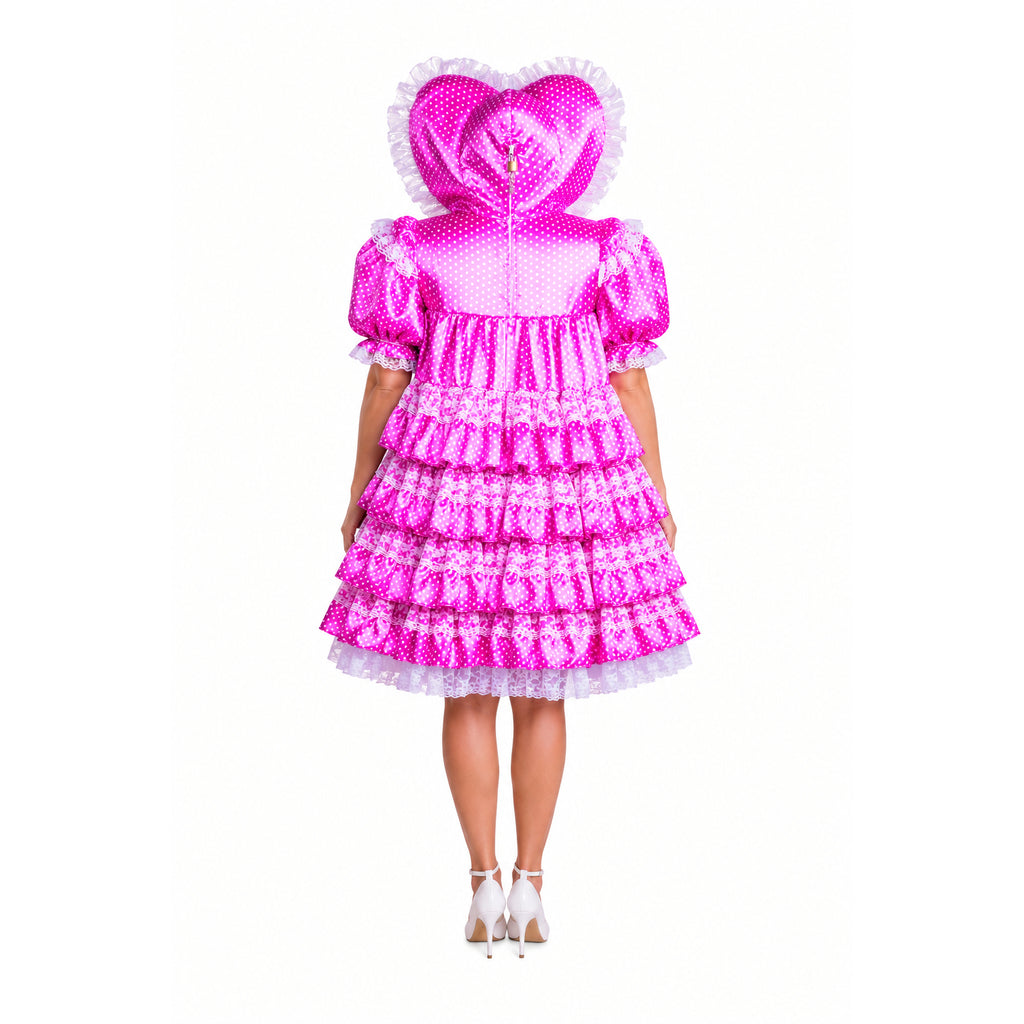 Pink polka dot sissy maid dress with heart hood, ruffles, and lace trim, back view