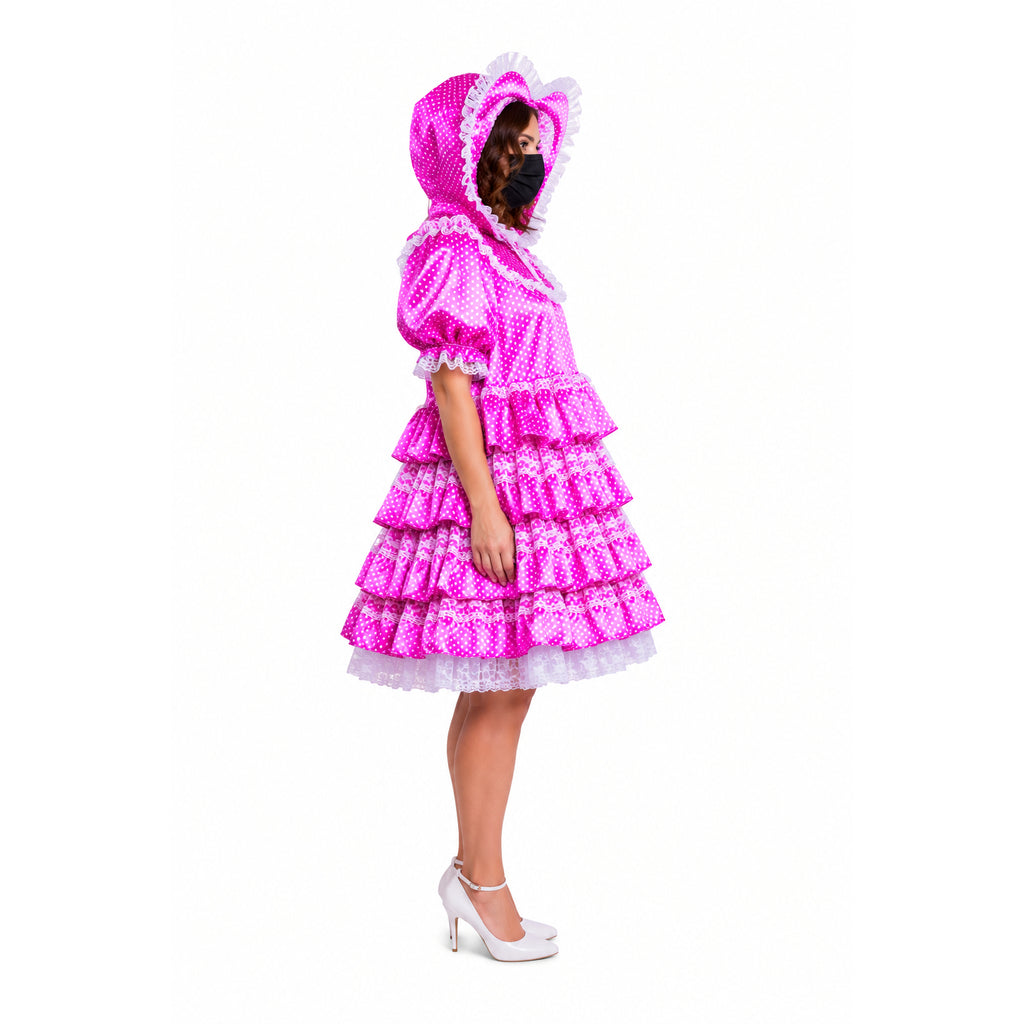 Pink polka dot sissy maid dress with ruffles, hood, and white heels