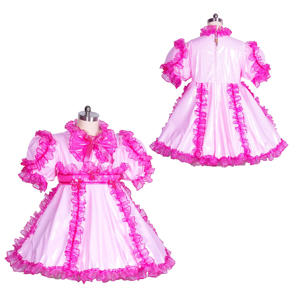 Pink sissy maid dress with ruffles, bow, and lockable back, shown front and back on mannequin