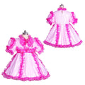 Pink sissy maid dress with ruffles, bow, and lockable back, shown front and back on mannequin