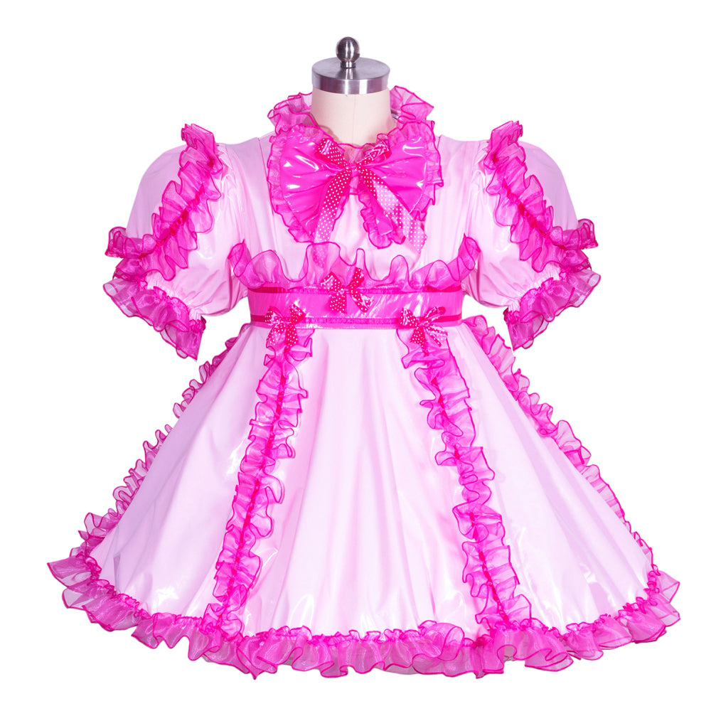 Pink sissy maid dress with ruffles and bow, PVC and satin, boutique costume fashion