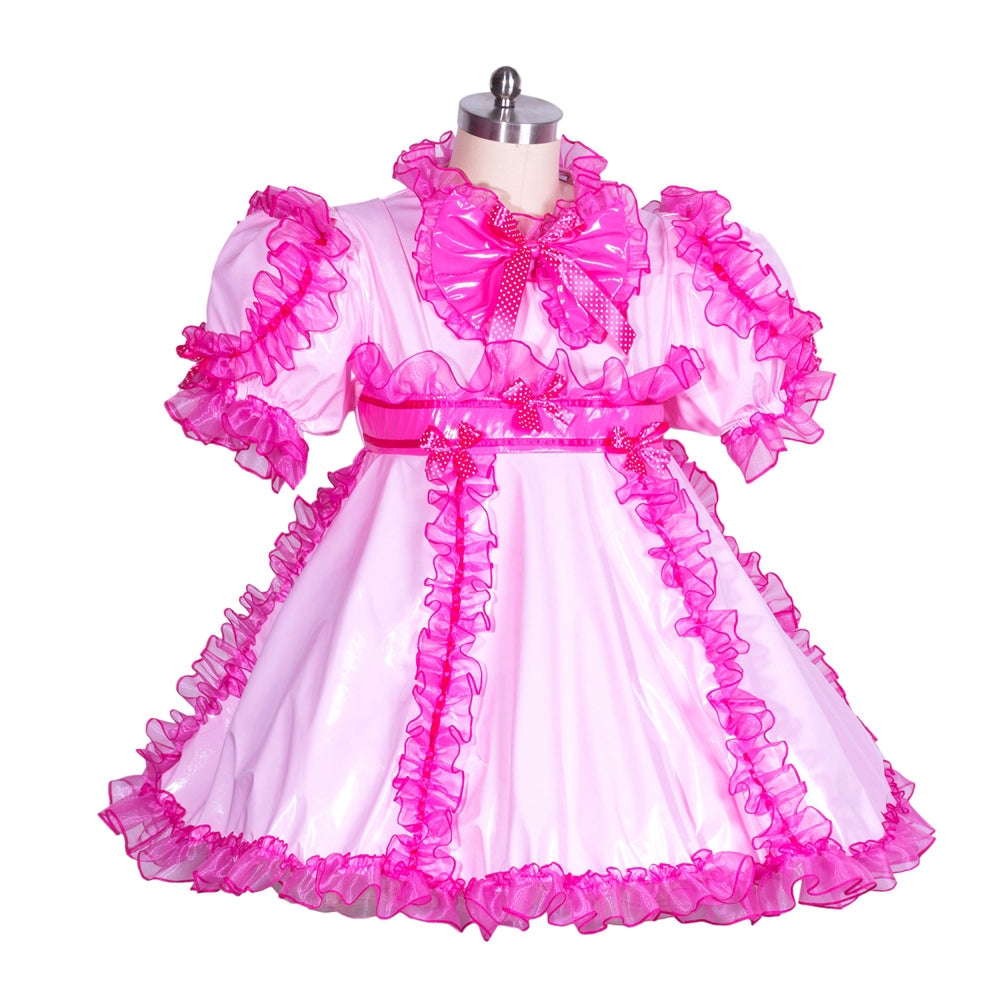 Pink sissy maid dress with ruffles and bow, French-style PVC costume set on mannequin