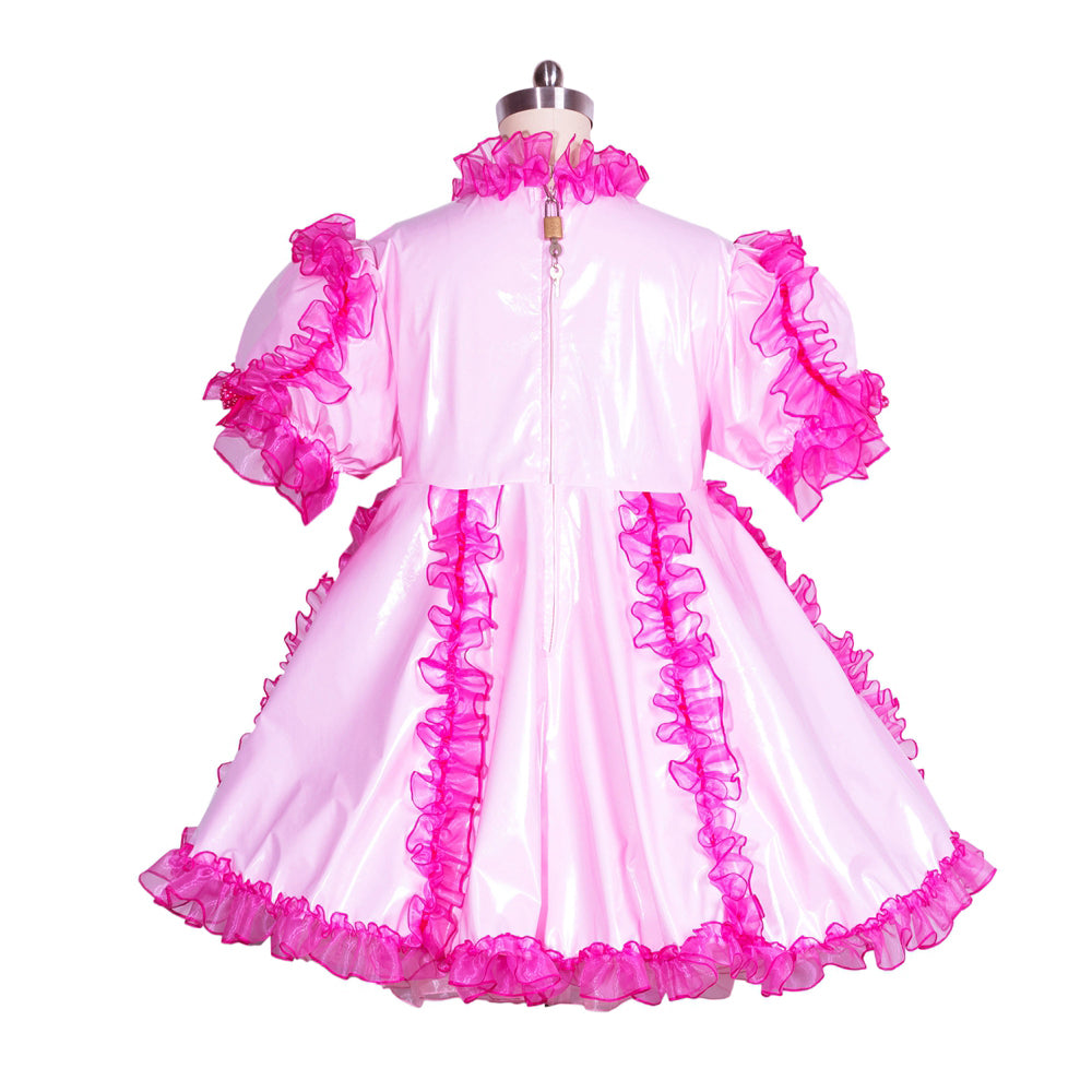 Pink sissy maid dress with ruffles and lockable back, PVC material, boutique costume fashion