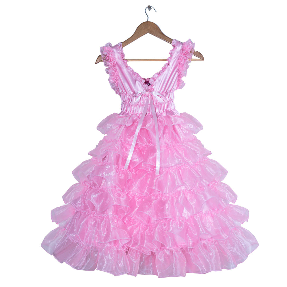 Pink ruffled sissy maid dress with layered tulle skirt and satin bow, displayed on hanger