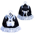 Black sissy maid dress with white lace trim, bow, and apron, displayed front and back