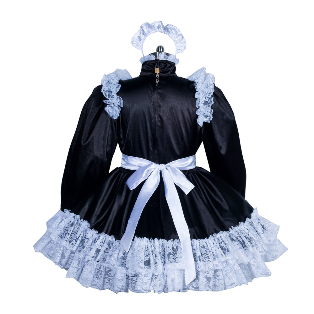 Black sissy maid dress with white lace trim, bow, and matching headpiece, displayed on mannequin