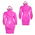 Pink PVC sissy maid dress with ruffles, puffed sleeves, and matching headpiece on mannequin
