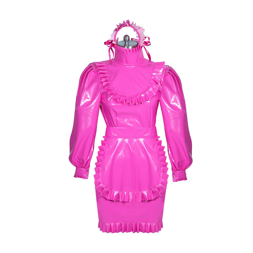 Pink PVC sissy maid dress with ruffles, puffed sleeves, and matching headband for costume fashion