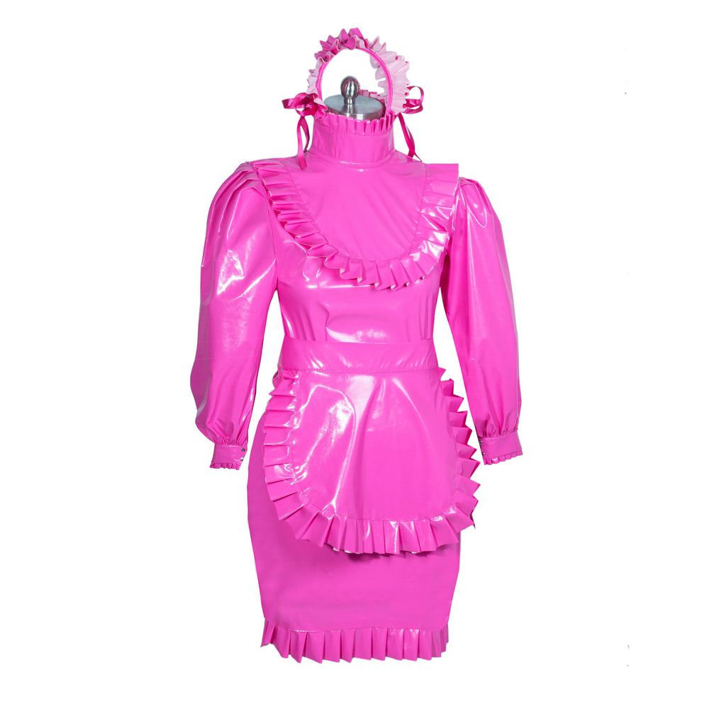 Pink PVC sissy maid dress with ruffles, long sleeves, and matching headband on mannequin
