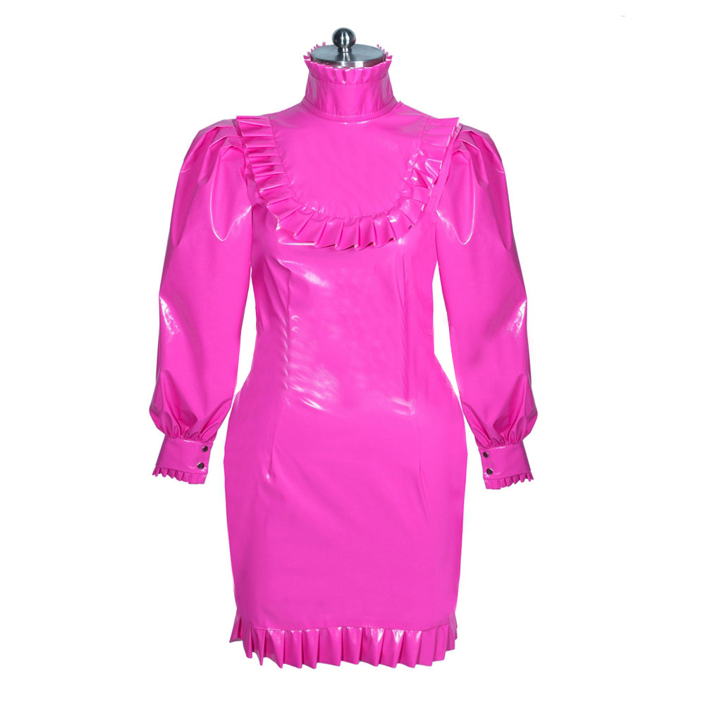 Pink PVC sissy maid dress with ruffles and puffed sleeves on mannequin