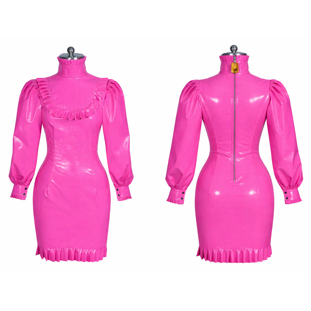 Pink PVC sissy maid dress with ruffles, puff sleeves, and back zipper on mannequin