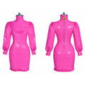 Pink PVC sissy maid dress with ruffles, puff sleeves, and back zipper on mannequin