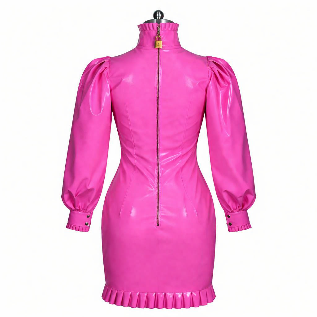 Pink PVC sissy maid dress with ruffles, puff sleeves, and back zipper lock