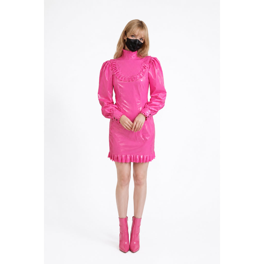 Pink PVC sissy maid dress with ruffles, high collar, and matching boots