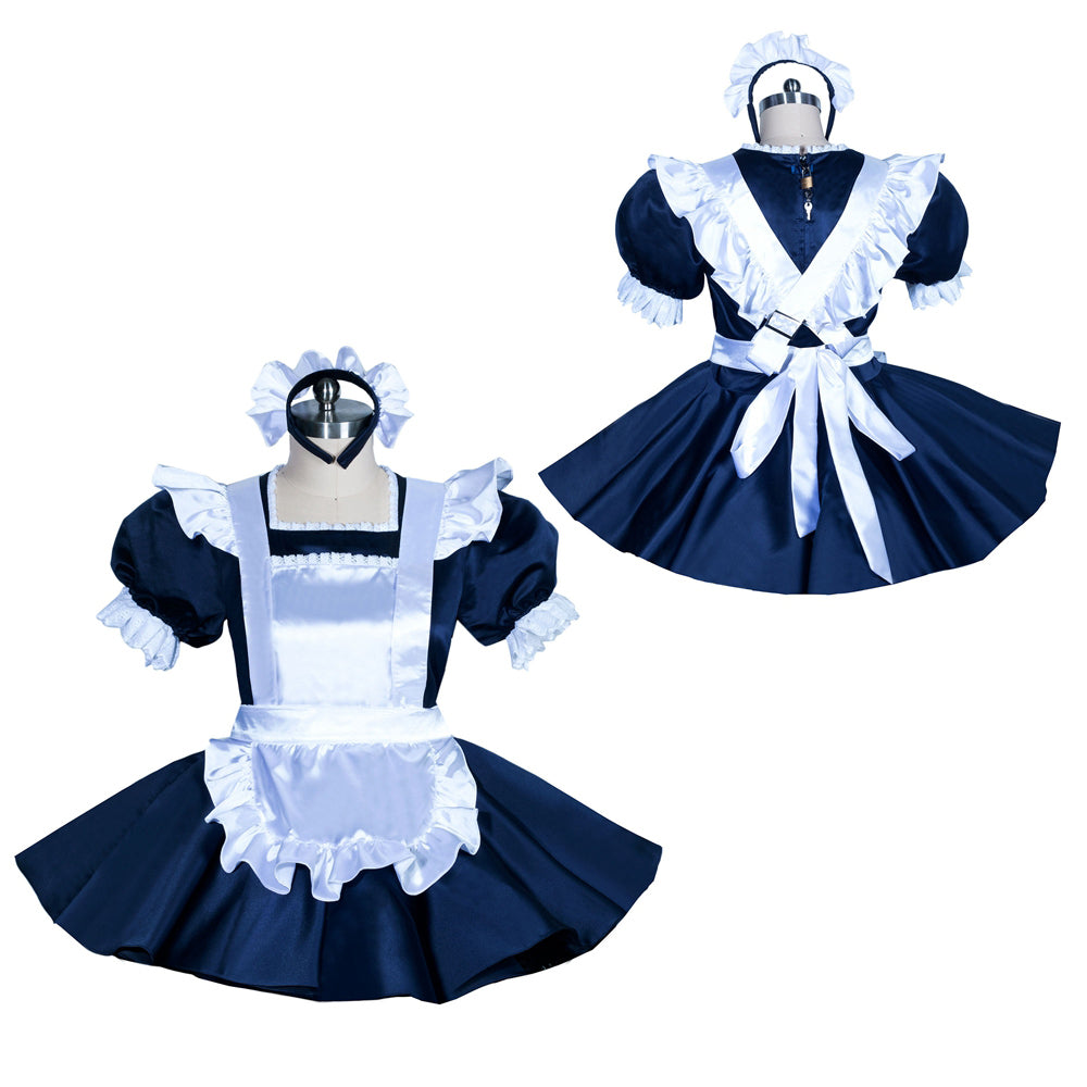Navy blue sissy maid dress with white apron, ruffles, and headpiece, displayed on mannequins