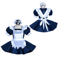 Navy blue sissy maid dress with white apron, ruffles, and headpiece, displayed on mannequins
