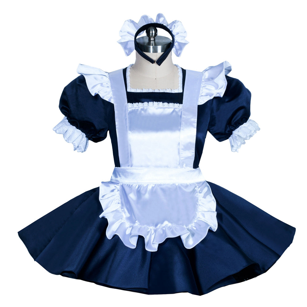 Navy blue sissy maid dress with white apron, ruffles, and matching headband on mannequin