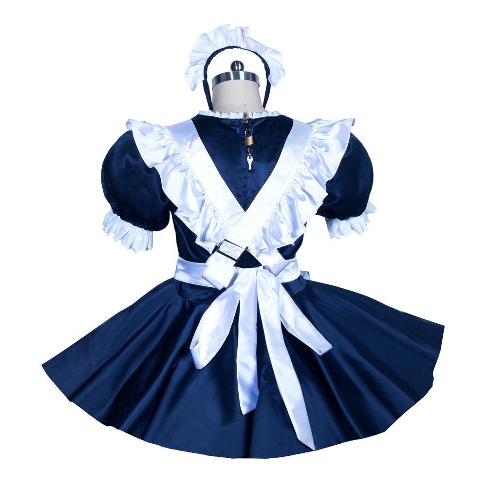 Navy blue sissy maid dress with white apron, ruffles, and lockable back detail on mannequin