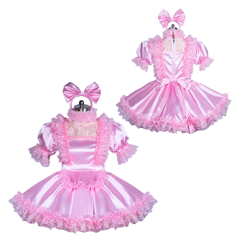 Pink satin sissy maid dress with ruffles, bow headband, and lace trim, shown front and back