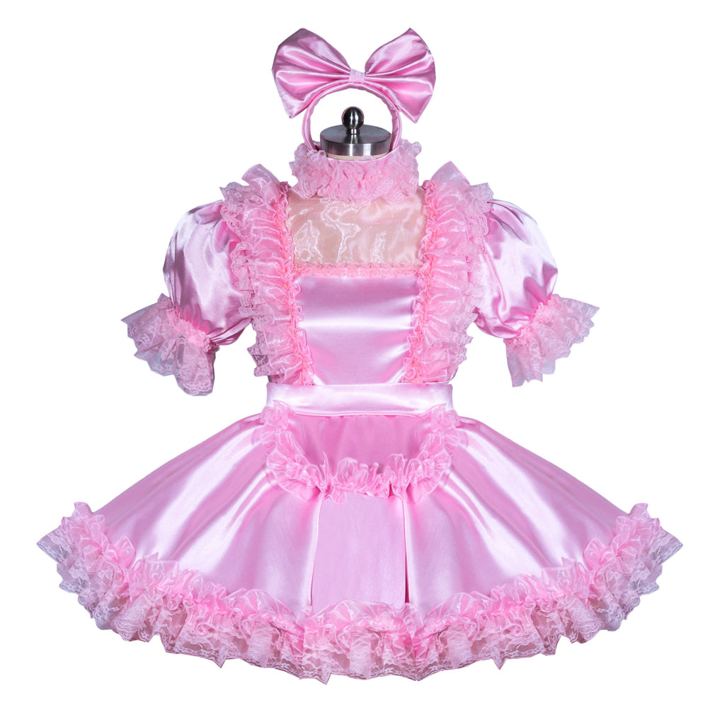 Pink sissy maid dress with ruffles, satin finish, and matching bow headband