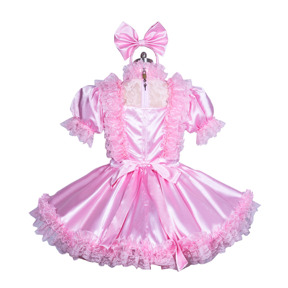Pink sissy maid dress with ruffles, bow headband, and lockable back zipper