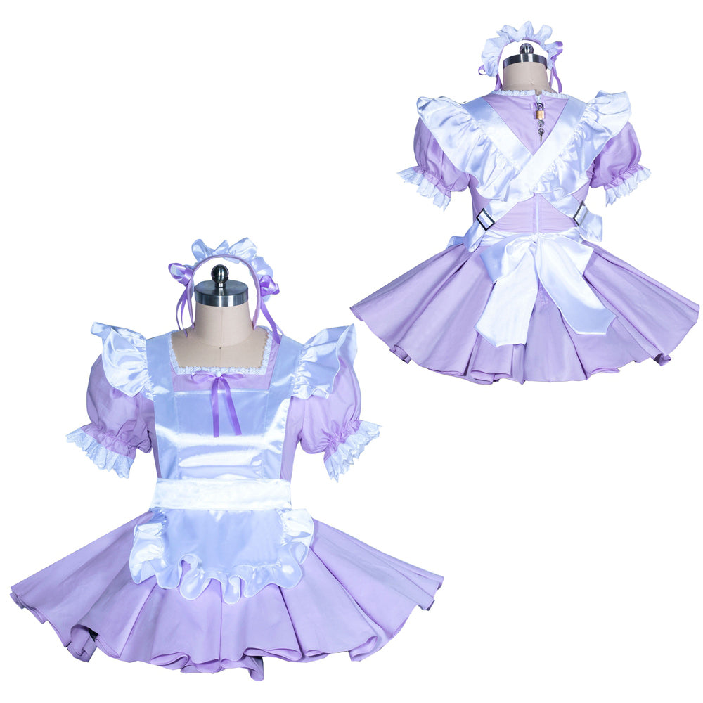Purple sissy maid dress set with ruffles, bow, and matching headpiece on mannequin
