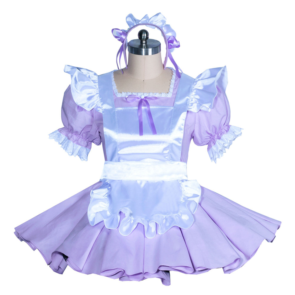 Purple sissy maid dress with ruffles, satin apron, and matching headband on mannequin