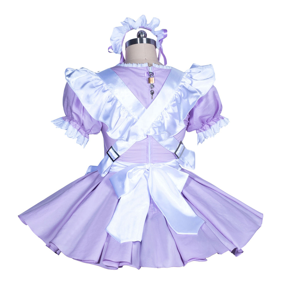 Lavender sissy maid dress with white satin apron, ruffles, and lockable back detail