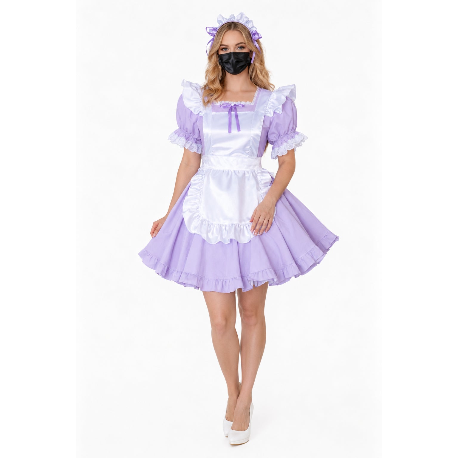 Lavender sissy maid dress with white apron, ruffles, and matching headband, styled for boutique costume fashion.