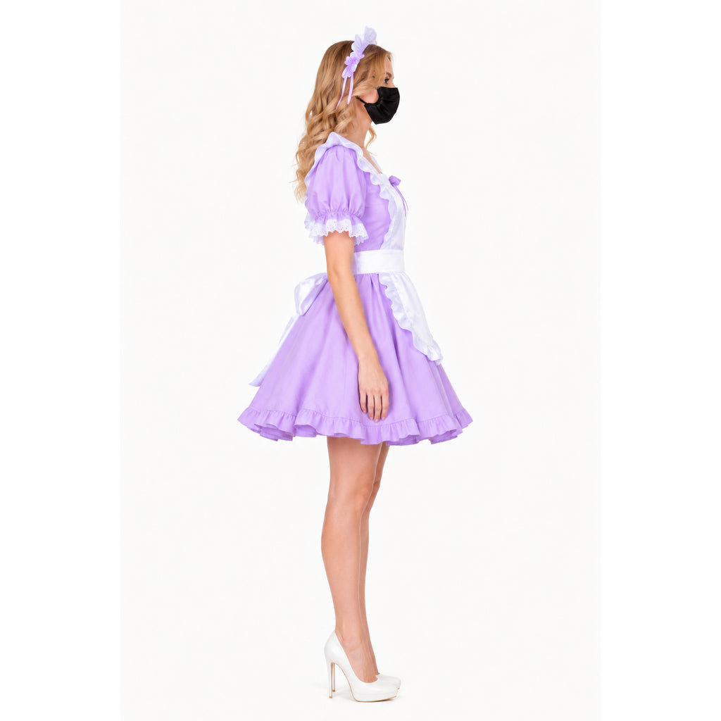 Purple sissy maid dress with white apron, ruffles, and matching headband, styled with white heels.