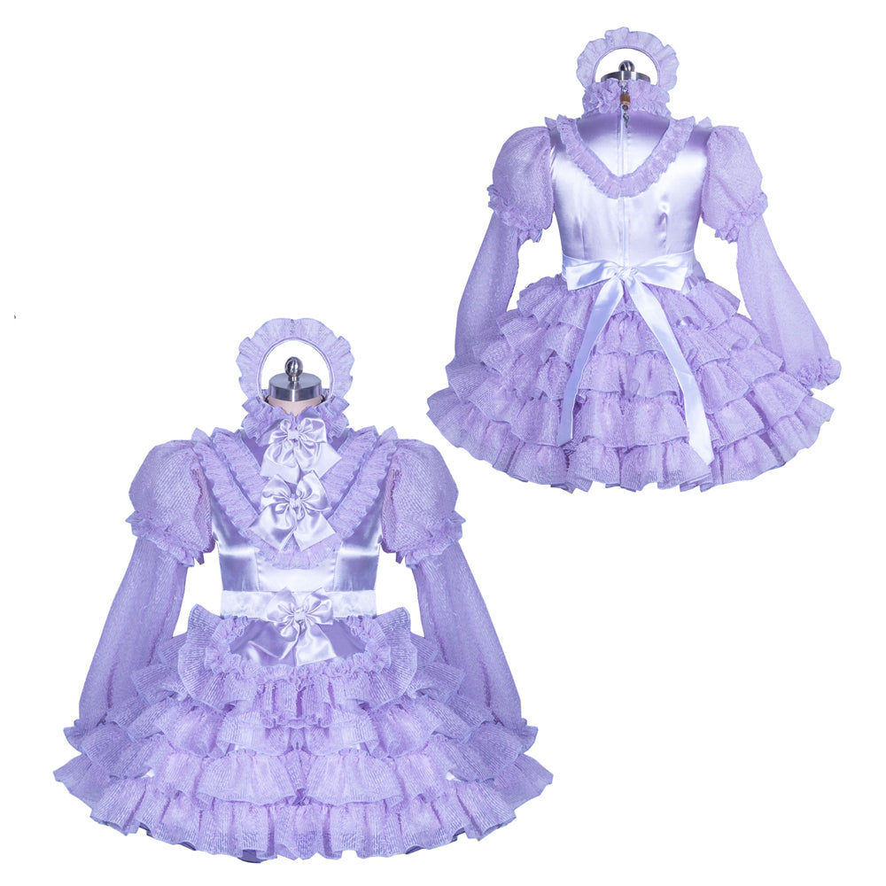Lavender sissy maid dress with ruffles, bow, and sheer sleeves on mannequin