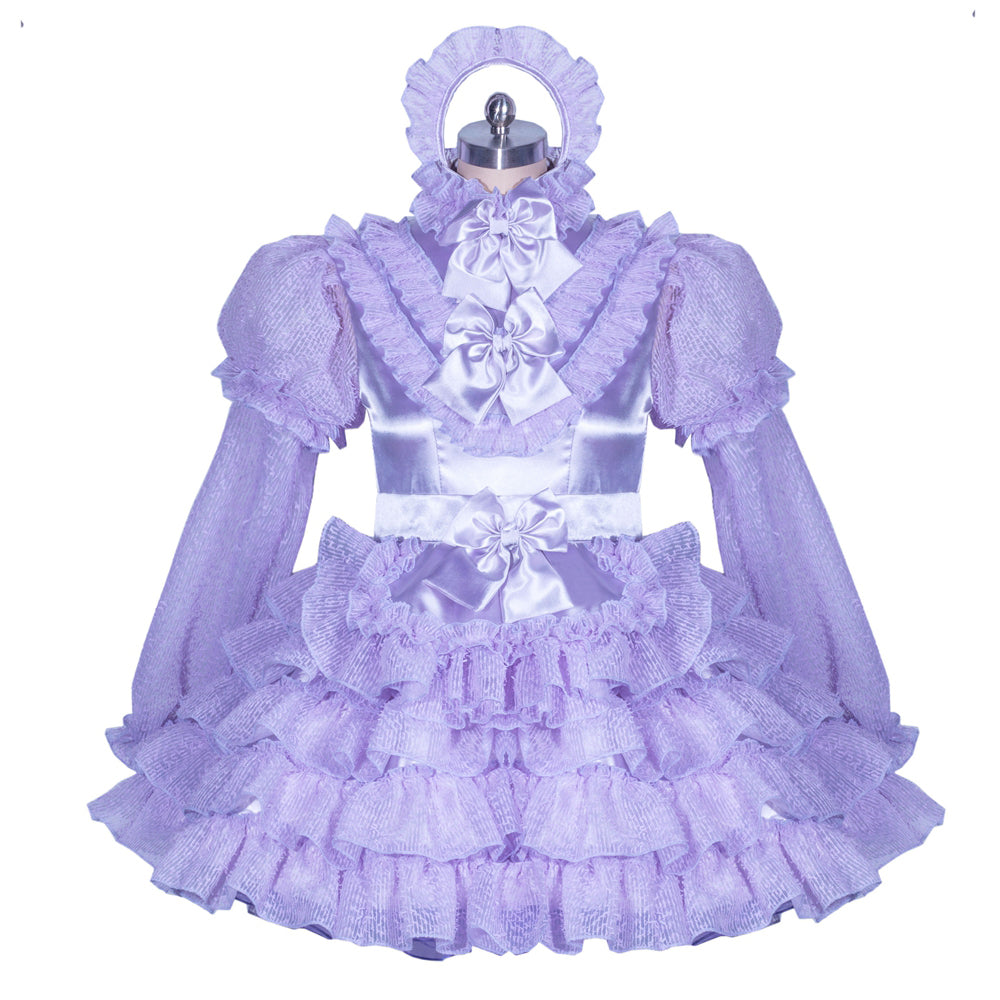Lavender sissy maid dress with ruffles, satin bows, and matching headpiece on mannequin