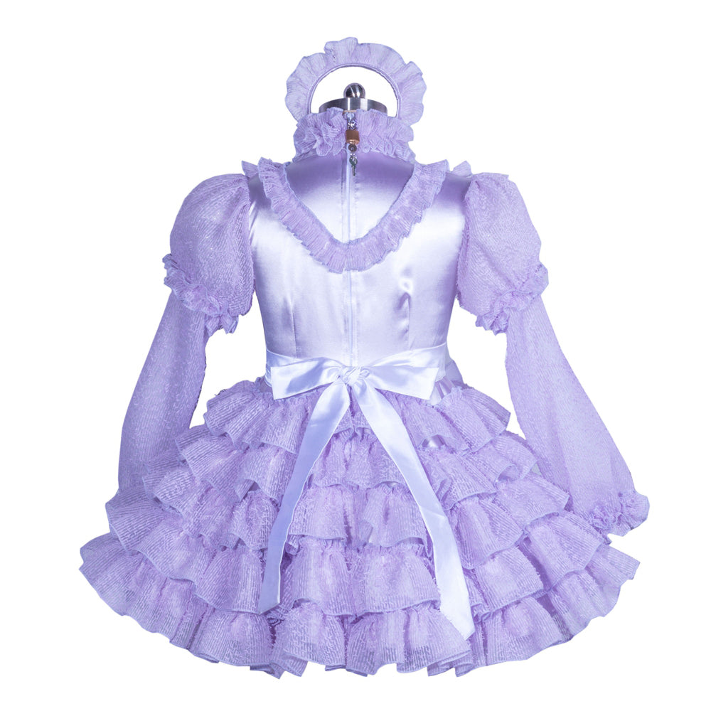 Lavender sissy maid dress with ruffles, satin bow, and puff sleeves on mannequin