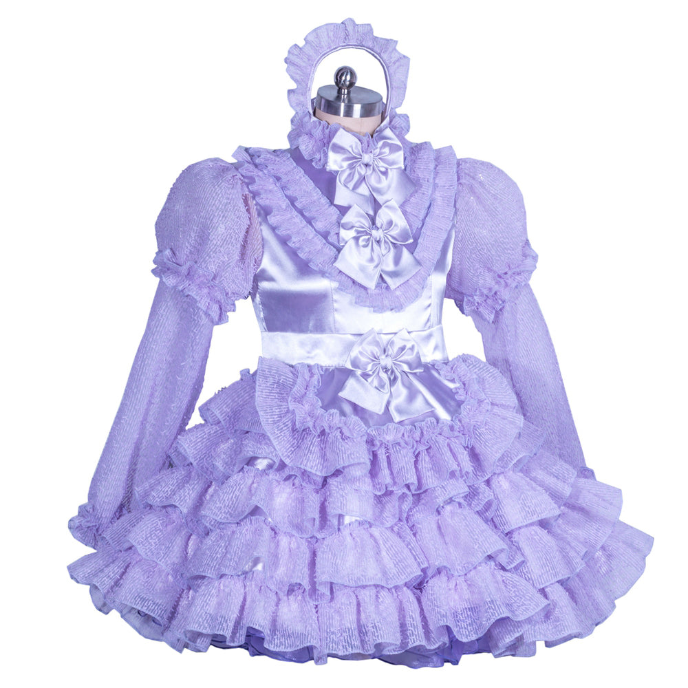 Lavender sissy maid dress with ruffles, satin bows, and puffed sleeves on mannequin