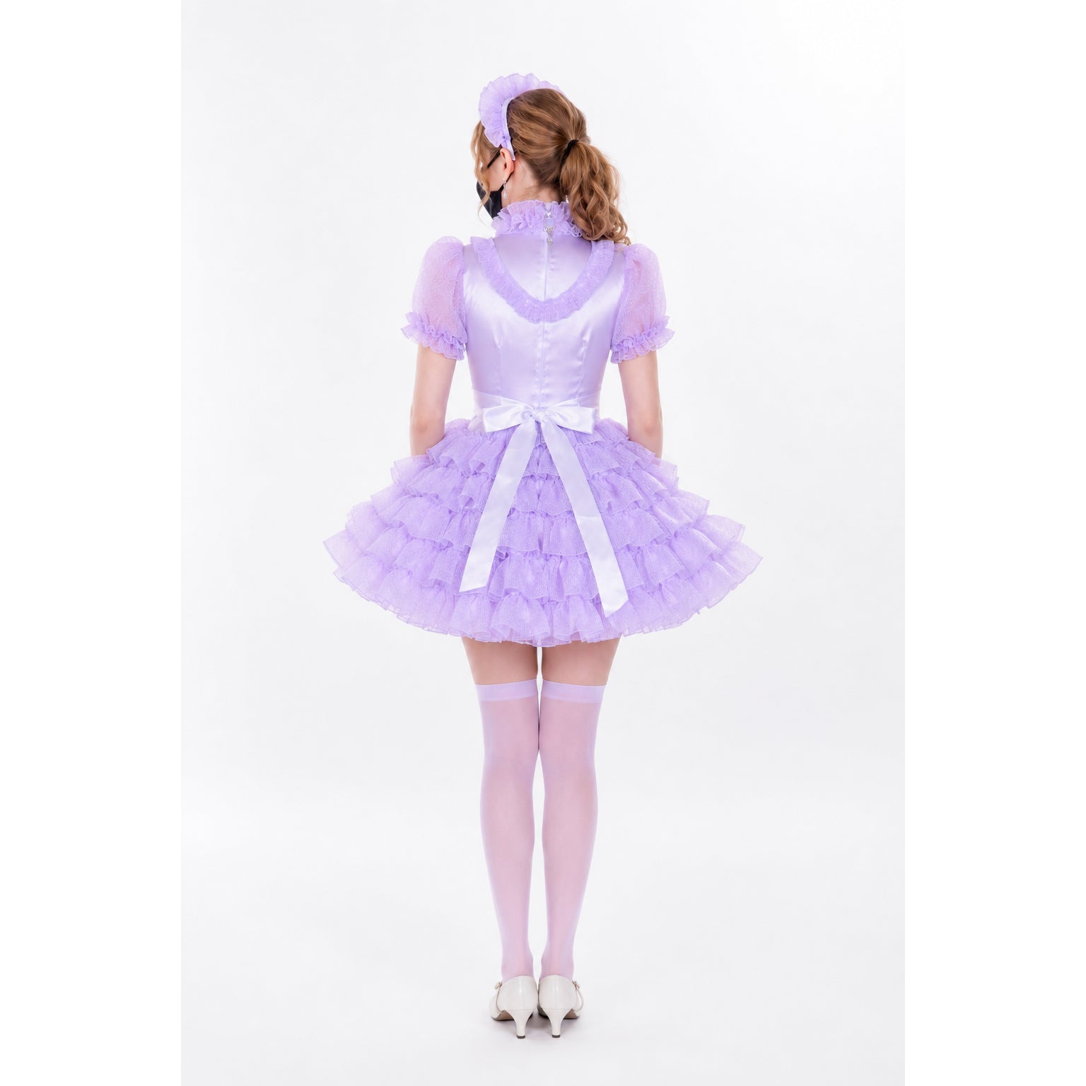 Lavender sissy maid dress with ruffles, bow, and matching headband, shown from back