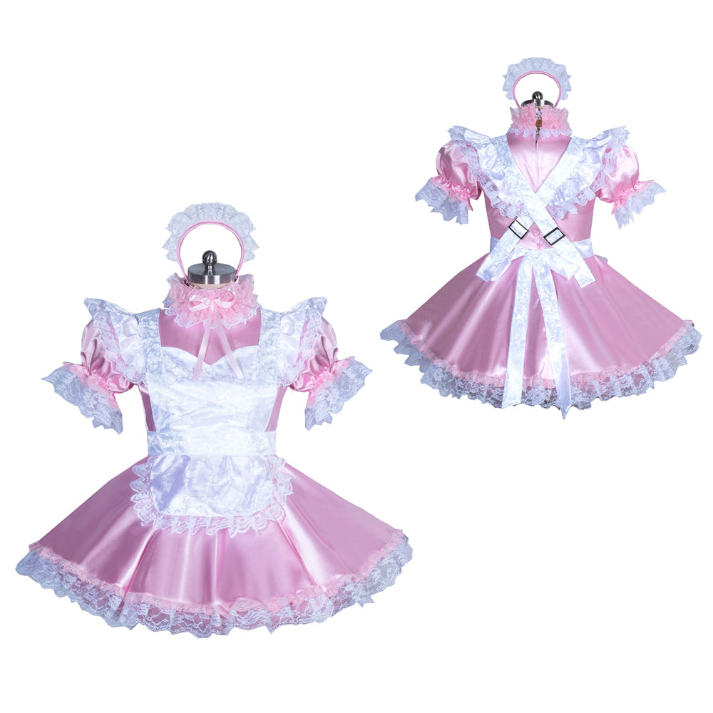 Pink sissy maid dress set with lace trim, white apron, and matching headpiece for costume fashion